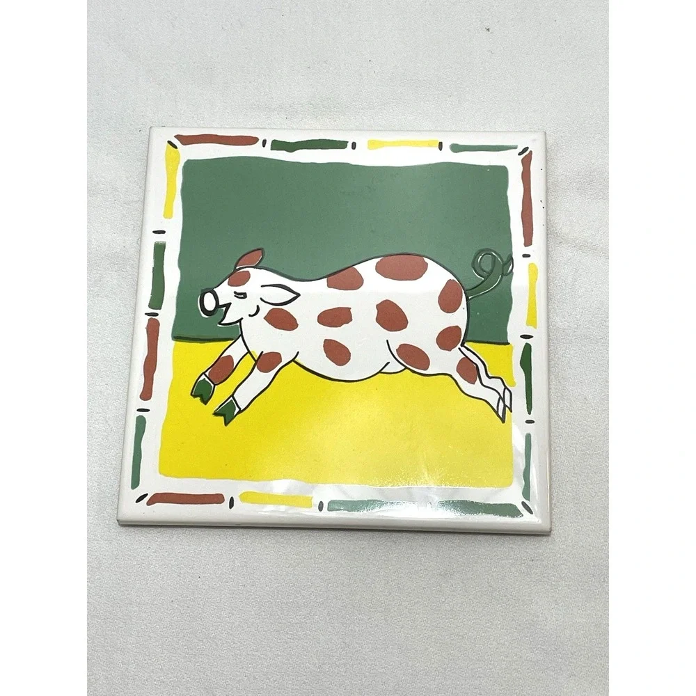 Ceramic Tile Cork Back Trivets Cow Pig‎ Set of 2 Colorful Farmhouse Retro